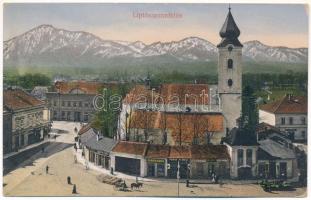 Liptószentmiklós, Liptovsky Mikulás; Fő tér, templom, Stark, Belnay J., Pewny Florian üzlete, borbély és fodrász, cukrászda / main square, church, shops, barber and hairdresser, confectionery (Rb)