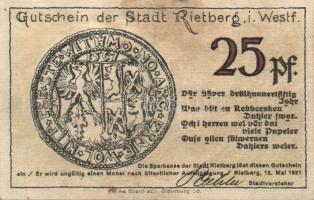 Német Birodalom / Weimari Köztársaság / Rietberg 1921. 25Pf + 50Pf + 1M + 2M + 5M 5 klf db, teljes s...