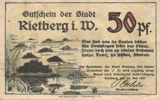 Német Birodalom / Weimari Köztársaság / Rietberg 1921. 25Pf + 50Pf + 1M + 2M + 5M 5 klf db, teljes s...