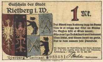 Német Birodalom / Weimari Köztársaság / Rietberg 1921. 25Pf + 50Pf + 1M + 2M + 5M 5 klf db, teljes s...