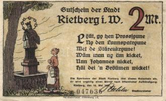 Német Birodalom / Weimari Köztársaság / Rietberg 1921. 25Pf + 50Pf + 1M + 2M + 5M 5 klf db, teljes s...