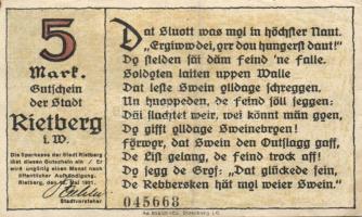 Német Birodalom / Weimari Köztársaság / Rietberg 1921. 25Pf + 50Pf + 1M + 2M + 5M 5 klf db, teljes s...