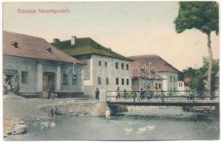 1910 Németlipcse, Deutschliptsch, Nemecká Lupca, Partizánska Lupca; utca és híd, Daniacs Daniel üzlete. Poherelly János kiadása / stree, bridge, shop (ragasztónyomok / gluemarks)