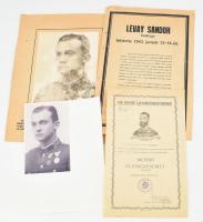 1943 Lévay Sándor hadnagy, a Don-kanyarban meghalt katona hőstettének leírása, fényképe, emléklapja, Erdély visszafoglalásának alkalmából kapott emléklapja.