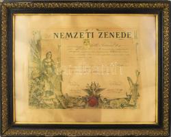 1900 Nemzeti Zenede nagy méretű oklevél Bartay Ede (1825.-1901.) zeneszerző és zongorapedagógus aláírásával, Korabeli, kissé sérült keretben.65x50 cm