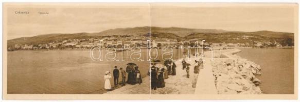 1927 Crikvenica, Cirkvenica; 2-részes kinyitható panorámalap / 2-tiled folding panoramacard (hajtásnál szakadt / bent til broken)