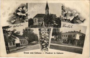 1914 Cabuna (Szentendre, Terezovac, Suhopolje); Jankovich kastély, templom, utca, iskola / castle, church, street view with school. Art Nouveau, floral (fl)