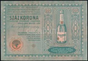 1913. 100 Koronás bankjegy mintájára készült jegyzéklap, Andrényi Kálmán utódai, Arad, szecessziós pezsgő reklám (120x180 mm