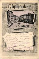 ~1902 Trieste, Trieszt; Piazza della Borsa e Corso,. Adolfo Seisser, restaurant / square, shops, restaurant. Artist, Atelier H. Guggenheim & Co. No. 7098. Art Nouveau newspaper montage (fa)