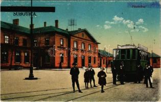 Szabadka, Subotica; Pályaudvar, vasútállomás, villamos. Vasúti levelezőlapárusítás 110. sz. 1916. / railway station, tram + "1941 Szabadka visszatért" "1941 Újvidék visszatért" So. Stpl. (EK)