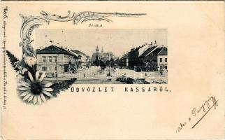 1899 (Vorläufer) Kassa, Kosice; Fő utca, Adriányi üzlete, piac. Vitéz A. kiadása / main street, shops, market. Art Nouveau, floral (vágott / cut)