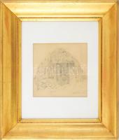 Kotász Károly (1872-1941):Kunyhó. Ceruza, papír, jelzett, dekoratív üvegezett keretben 19x20 cm