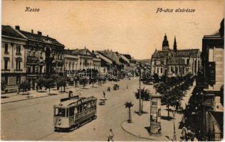 Kassa, Kosice; Fő utca alsó része, villamos, Weisz Ernő üzlete, Adriai Biztosító Társaság. Vasúti levelezőlapárusítás 43. sz. 1918. / main street, tram, shops, insurance company (fl)