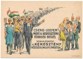 Csend legyen! Most a keresztény többség beszél! Keresztény Községi (Wolff) Párt anti-kommunista és antiszemita propagandalapja. Kiadja Klösz Gy. és Fia / Hungarian Christian anti-communist and ati-Semitic propaganda card