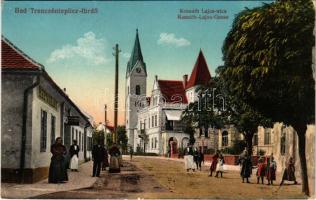 Trencsénteplic, Trencianske Teplice; Kossuth Lajos utca, étterem, templom. Vasúti levelezőlapárusítás 27. sz. 1915. / street view, restaurant, church (EK)