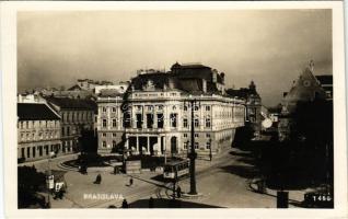 1928 Pozsony, Pressburg, Bratislava; Mestské divadlo / Városi színház, villamos, Duna Bank / theatre, tram, bank