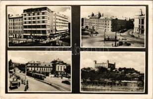 1948 Pozsony, Pressburg, Bratislava; mozaiklap, vár, villamos, autóbusz / multi-view postcard with castle, tram, autobus (fl)