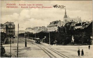 1909 Pozsony, Pressburg, Bratislava; Kossuth Lajos tér (sétatér), villamos, vár, Kozics üzlete / promenade, square, tram, castle, shop