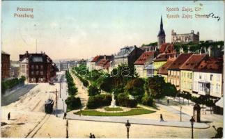 1907 Pozsony, Pressburg, Bratislava; Kossuth Lajos tér (sétatér), villamos, vár. Freistadt M. L. kiadása / square, tram, castle, shop