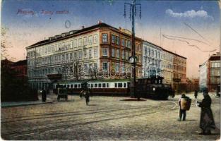 1916 Pozsony, Pressburg, Bratislava; Savoy szálloda, Pozsony-Bécs villamos vasút, vonat / Pressburg-Wien electr. Bahn. / Bratislava-Vienna urban railway, tram, train (szakadás / tear)