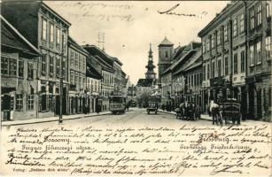 1902 Pozsony, Pressburg, Bratislava; Frigyes főherceg utca, villamos, Tafelmayer és Weischek szikvízgyár lovaskocsija, üzletek. Verlag Bediene dich allein / Erzherzog Friedrichstrasse / street view, tram, shops, horse-drawn carriages (EK)