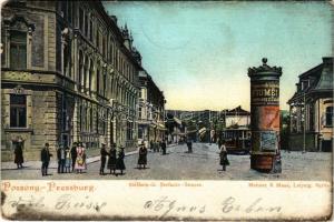 1904 Pozsony, Pressburg, Bratislava; Stefánia út, villamos, hirdetőoszlop / Stefanie-Strasse / street view, tram, advertising column (EM)