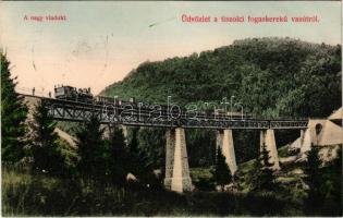 1911 Tiszolc, Tisovec; Tiszolczi fogaskerekű vasúti nagy viadukt, gőzmozdony, vonat. Morvai Sámuel kiadása / cogwheel railway bridge, viaduct, locomotive, train