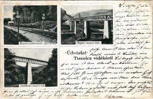 1902 Tiszolc, Tisovec; Fenyvesi fogaskerekű vasút, Podjeli vasúti híd, Csertovai vasúti híd / cogwheel railway, bridge, viaduct + "TISZOLCZ - FELED 104. SZ." vasúti mozgóposta bélyegző (r)