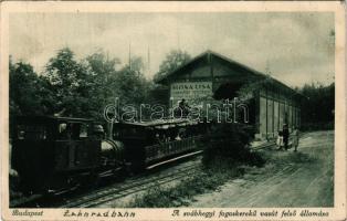 1928 Budapest XII. Svábhegy, Fogaskerekű vasút felső állomása, vasútállomás, gőzmozdony, vonat, Mona Lisa fényképészet reklámja (fl)