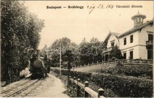 1913 Budapest XII. Svábhegy, Fogaskerekű vasút Városkúti megállóhelye, vasútállomás, vonat, gőzmozdony (EK)