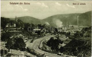 Anina, Stájerlakanina, Stájerlak, Steierdorf; Gara si uzinele / Vasúti kőbánya, iparvasút vasútállomása, gyárak, gőzmozdony, vonat. Felix Weiss kiadása / industrial railway station, train, mine (EK)