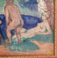 Hermann Lipót (1884-1972): Fürdőzők. Olaj, vászon. Jelezve jobbra lent. Üvegezett, dekoratív fakeret...