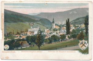 Szomolnok, Schmölnitz, Smolník; bányaváros látképe. Feitzinger Ede 1902/12. 443. Auto-Chrom / Panorama der Bergstadt Schmöllnitz / general view, coat of arms (b)