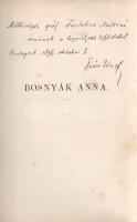 Prém József:  Bosnyák Anna. Tragédia öt felvonásban. (Dedikált.) Budapest, 1895. Athenaeum Rt. (ny.) [8] + 162 p. Egyetlen kiadás. Dedikált: ,,Méltóságos gróf Festetics Andorné únnőnek a legmélyebb tisztelettel Prém József. Budapest, 1896. október 8." Prém József (1850-1910) író, drámaíró, újságíró pályaműve a Magyar Tudományos Akadémia által kiírt 1894. évi Teleki-pályázaton száz arany jutalmat nyert. A késő dualizmus korában nem kisebb intézmény, mint a Magyar Tudományos Akadémia írt ki drámapályázatokat különböző színházi műfajokban a nemzeti dráma fejlesztésének célzatával. A Teleki-pályázat szigorú megkötései verses formájú szomorújátékokat írtak elő, lehetőség szerint történelmi, azon belül is magyar történelmi tárgyban. Az éves termést az Akadémiai Értesítő vonatkozó füzetei ismertették, általában szórakoztatóan részletezve mindazt, hogy az az évi beküldött pályázatok mily kevéssé érdemelnek jutalmazást kulisszahasogató megoldásaik, lélektani valószínűtlenségeik vagy bárgyú ötleteik miatt. Ennek ellenére a pályázatot minden évben megrendezték, majd a beküldött eredmények felett a bíráló bizottság jobbára véres tort ült. Prém József a korszak sikeresebb drámapályázói közé tartozik, háromszor is elnyerte a Teleki-pályázat fokozatainak egyikét. A verses tragédia a XV. századi Jajcában játszódik, és az emelt nyelven megírt leszámolási tragédiák számát gyarapítja. A vérgőzös dráma premierjéről nincs adatunk. A címoldalon régi tulajdonosi bejegyzés, néhány oldalon halvány foltosság. Aranyozott, festett, enyhén foltos kiadói egészvászon kötésben, vörös festésű lapszélekkel. Jó példány.