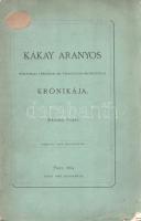 [Kecskeméthy Aurél] Kákay Aranyos:  Kákay Aranyos politikai társadalmi tragico-humoristicus krónikája. Második füzet. Pest, 1869. Ráth Mór bizománya (Pesti könyvnyomda Rt.) [97]-174 p. Kecskeméthy Aurél (1827-1877) ügyvéd, a szabadságharc alatt Görgey Artúr titkára, újságíró, 1854-től a bécsi belügyminisztérium sajtóosztályának munkatársa, az évtized végén többször tett látogatást Széchenyi Istvánnál. Az októberi diploma után a magyar országgyűlés lapjának szerkesztője, a politikai publicisztika vitriolos tollú írója. A Deák-párttal szimpatizáló, nevezetes publicista összetéveszthetetlenül szatirikus stílusa jeles közfigyelmet keltett, számosan utánozták, hatása évtizedekkel később is jelentkezik például Mikszáth Kálmán országgyűlési karcolataiban. Füzetünk az 1869-ben összeülő országgyűlés az évi üléseiről szerkesztett összefoglaló munka önálló része, a teljes munka négy füzetből áll. Az első nyomtatott oldalon és a belív néhány oldalán régi gyűjteményi bélyegzés, néhány oldalon apró, halvány rozsdafoltosság. Fűzve, feliratozott, enyhén hiányos, enyhén sérült gerincű kiadói borítóban. Az első borítón egykori, kitöltetlen katalóguscímke.