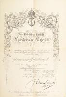 1911 Bausznern Ármin, az Osztrák-Magyar Cs. és Kir. Haditengerészet (K. u. k. Kriegsmarine) tisztjének sorhajóhadnagyi kinevezése (Linienschiffsleutnant). Rendkívül dekoratív, német nyelvű oklevél, szép állapotú szárazpecséttel, Rudolf von Montecuccoli (1843-1922), a Cs. és Kir. Haditengerészet főparancsnokának autográf aláírásával, 40x27 cm. [Bausznern Ármin, nemes (1881-1960), a fiumei Cs. és Kir. Haditengerészeti Akadémián végzett 1901-ben, ahol II. oszt. tengerész hadapróddá avatták. 1901 és 1918 között a Cs. és Kir. Haditengerészetnél szolgált; a Monarchia felbomlását követően a Dunai Flottillánál, majd a Tanácsköztársaság alatt a Vörös Hadsereg haditengerészeténél, ahol korvettkapitányi rangban vált ki a szolgálatból. 1929-től a M. Kir. Folyamőrségnél teljesített szolgálatot, 1937-től a Folyamőrség parancsnokhelyettese, majd parancsnoka. 1940-ben vonult nyugállományba, ugyanebben az évben c. vezérkapitányi ranggal tüntették ki.] // 1911 Austro-Hungarian Navy (K. u. k. Kriegsmarine), lieutenant's appointment (Linienschiffsleutnant), decorative certificate with dry seal, in good condition, signed by the chief of the Austro-Hungarian Navy, Rudolf Montecuccoli (1843-1922).