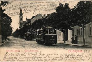 1904 Budapest I. Krisztina körút, villamosok, plébániatemplom (lyuk / pinhole)