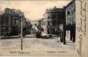 1903 Sopron, Erzsébet utca, villamos. Blum N. kiadása (EK)