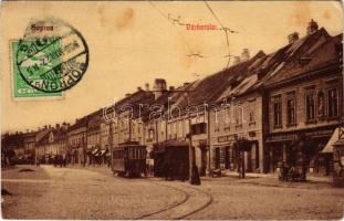 1908 Sopron, Várkerület, villamos, gyógyszertár, Hauer Antal, Schäffer József üzlete. Kummert L. utóda 416. sz. (EK)