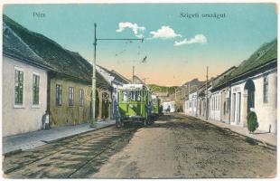 1915 Pécs, Szigeti országút, villamosok, Schutzer S. üzlete. Karpf Berta kiadása (kis szakadások / small tears)