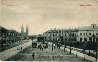 1908 Nyíregyháza, Beltér, Vármegyeház téri kisvasúti vasútállomás még a villamosítás előtt, motorkocsi, Bodnár Pál, Schvarcz József üzlete. Piringer J. utóda kiadása (EK)