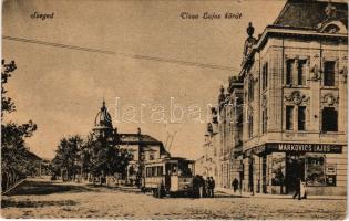 Szeged, Tisza Lajos körút, villamos, Markovics Lajos üzlete. Vasúti levelezőlapárusítás 36. sz. 1918. (EK)