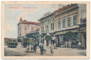 1913 Miskolc, Széchenyi utca, Miskolczi Árucsarnok, üzletek, villamos. Grünwald Ignác kiadása (EK)