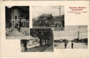 1913 Diósgyőr (Miskolc), M. kir. vasgyár részletei, villamos megállóhely, vasútállomás. Grünwald Ignác kiadása (szakadás / tear)