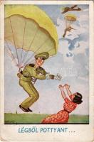 1942 Légből pottyant. Magyar katonai humor ejtőernyőssel / WWII Hungarian military humour art postcard, paratrooper s: Bernáth (EK)