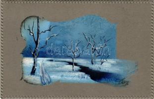 Kézzel festett téli táj / Hand-painted winter landscape art postcard (EK)