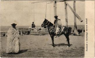 1906 Hortobágy, Csikósok a hortobágyi hármas kútnál, magyar folklór (fl)