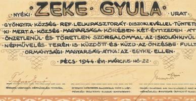 1944 nyéki Zeke Gyula (1895-1976) gyöngyfai református lelkész részére kiállított egyedi, címeres dí...