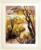 Póka Zsombori Erzsébet (1913-1997): Vízparti erdélyi táj. Akvarell, papír, jelzett. Hátoldalán román...