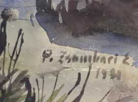 Póka Zsombori Erzsébet (1913-1997): Erdélyi este, 1980-as évek. Akvarell, papír, jelzett. Hátoldalán...